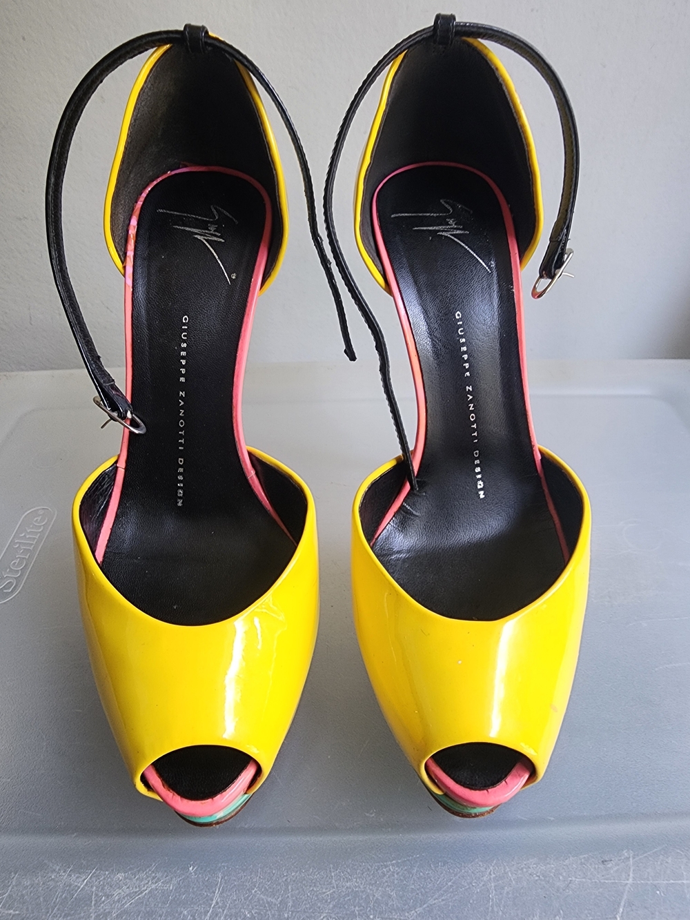 Giuseppe Zanotti Yellow Patent Peep-Toe Ankle Strap Heels